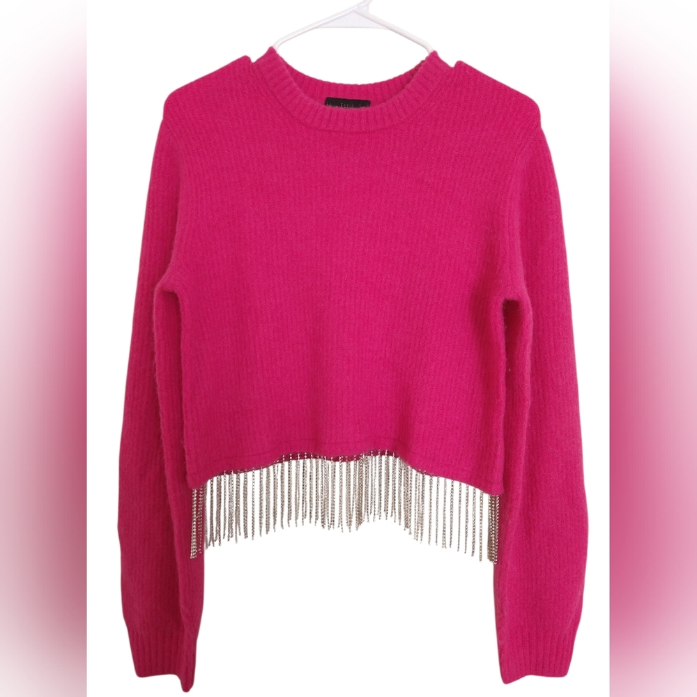 House of Harlow 1960 Pink Cropped Sweater with Silver Fringe